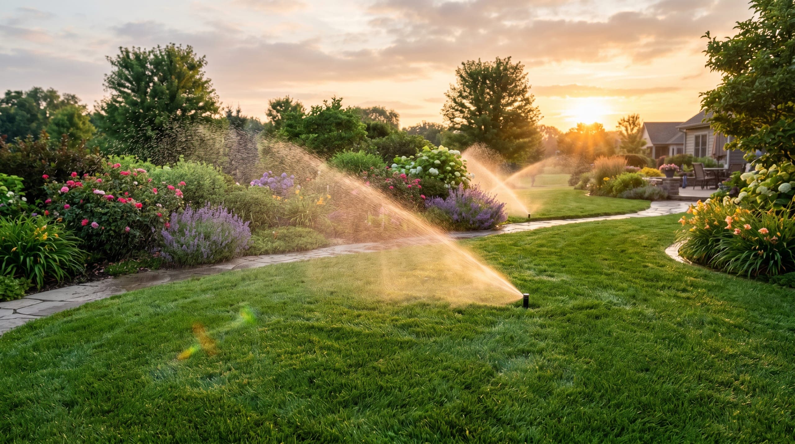 Lawn sprinkler coverage at sunset across a green residential yard and garden beds.