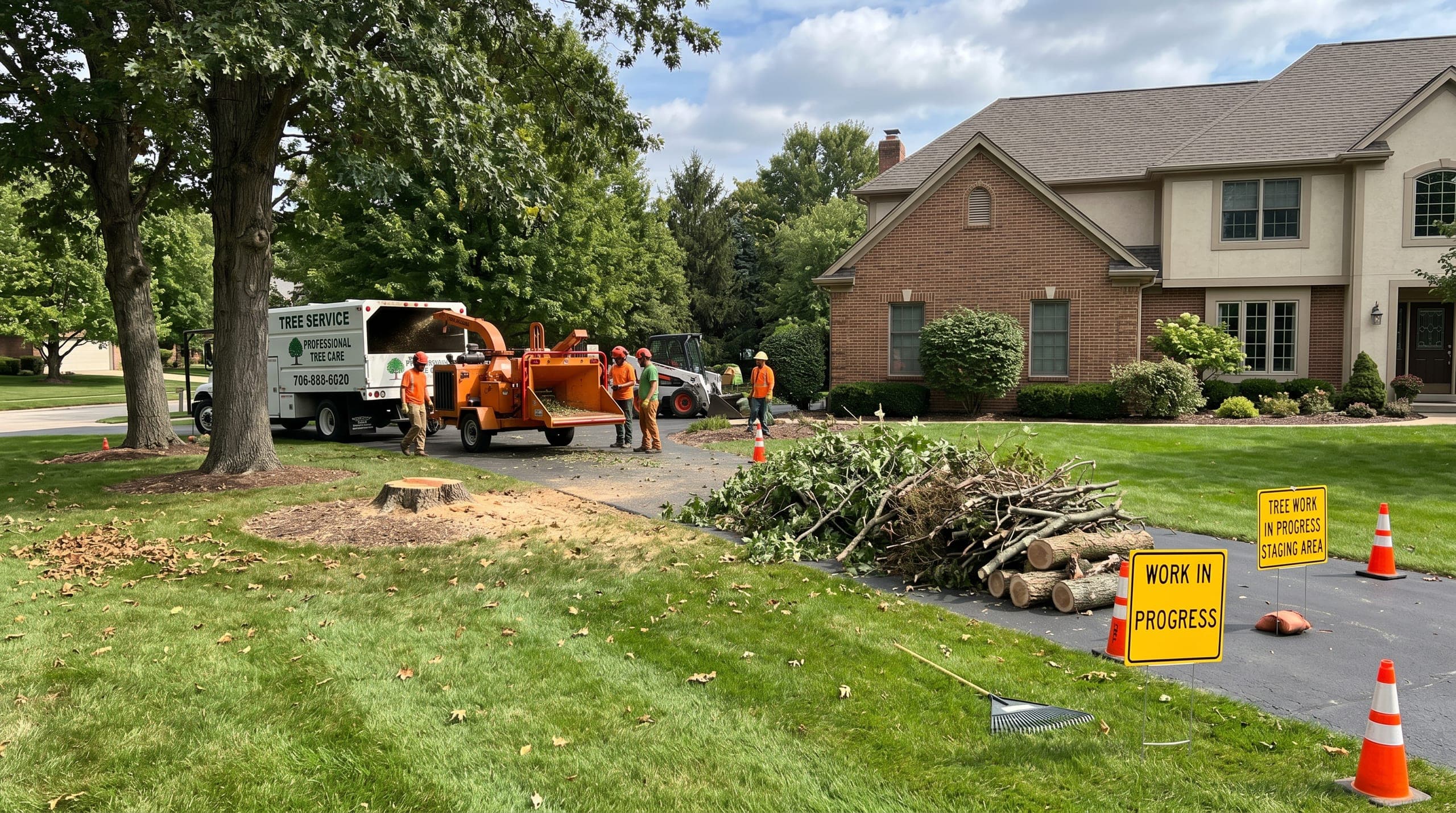 Tree removal equipment and safety cones on a residential lawn under mature trees.